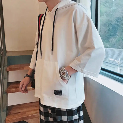 Men Black Loose Hoodie 3/4 Sleeve Summer Plus Size