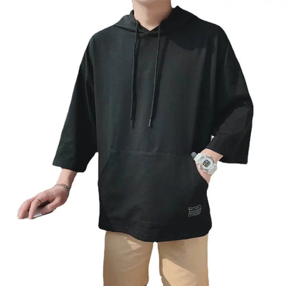 Men Black Loose Hoodie 3/4 Sleeve Summer Plus Size