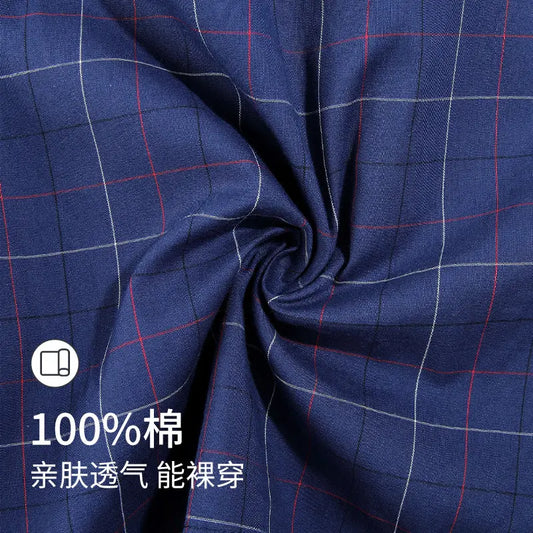 Men Cotton Plaid Sleep Pants Loose Fit Blue Gray Summer