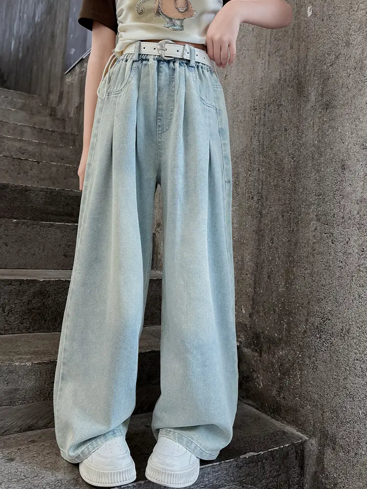 Wide Leg Jeans for Kids Light Blue Cotton Autumn Wear