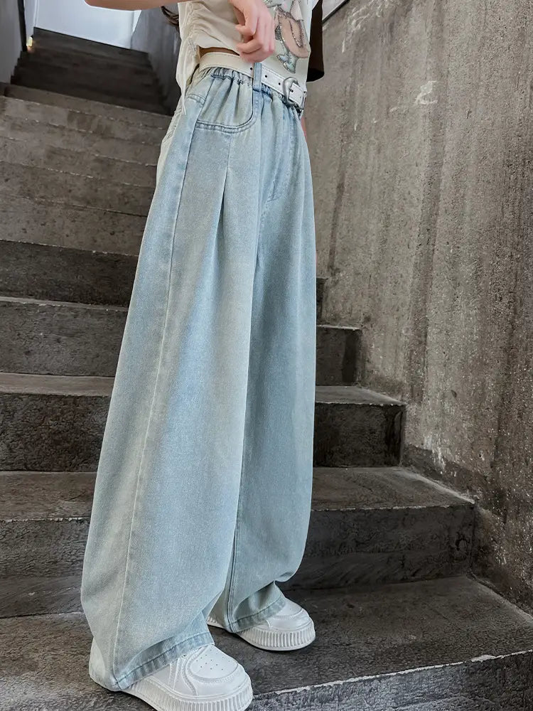 Wide Leg Jeans for Kids Light Blue Cotton Autumn Wear