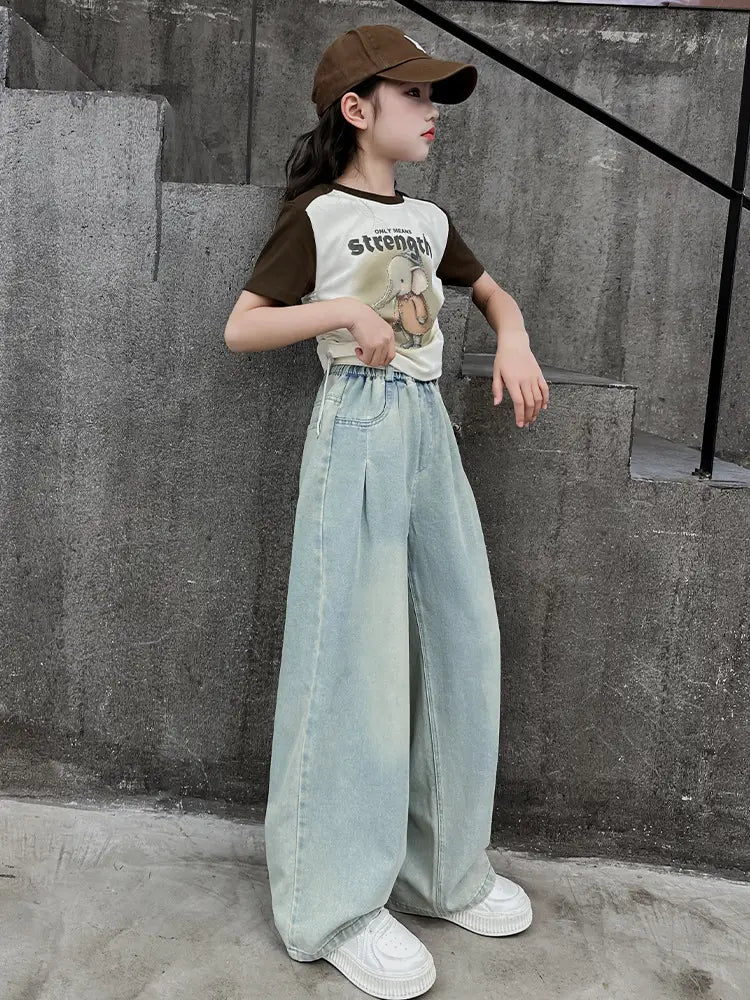 Wide Leg Jeans for Kids Light Blue Cotton Autumn Wear