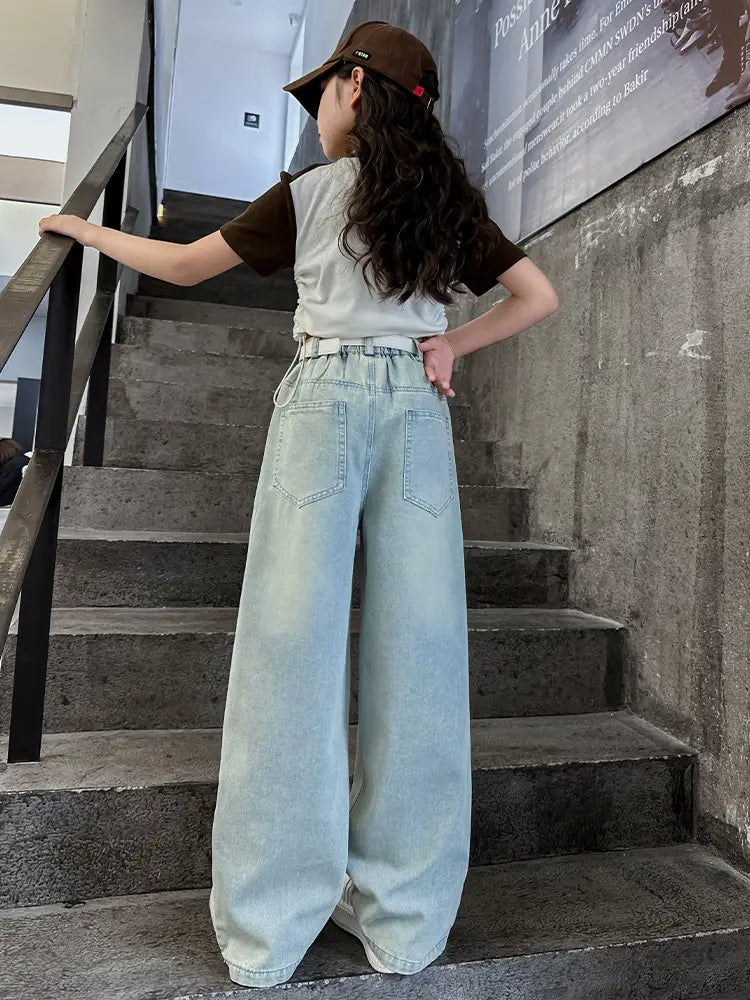 Wide Leg Jeans for Kids Light Blue Cotton Autumn Wear