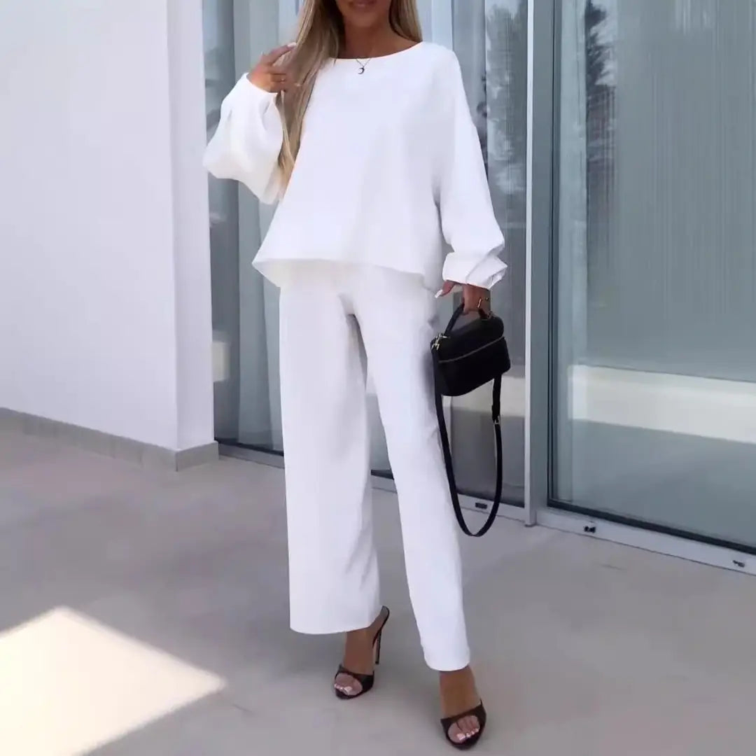 Women Solid Color Long Sleeve Suit Khaki Elastic Waist Pants