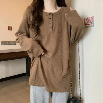 Women Loose Long Sleeve T-Shirt Winter Plus Size Khaki