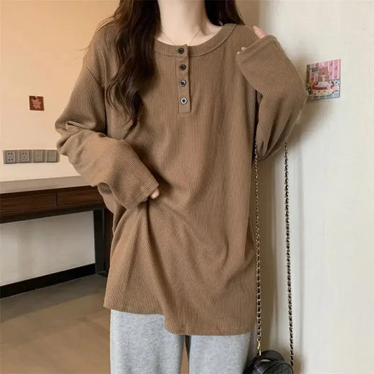 Women Loose Long Sleeve T-Shirt Winter Plus Size Khaki
