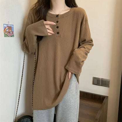 Women Loose Long Sleeve T-Shirt Winter Plus Size Khaki