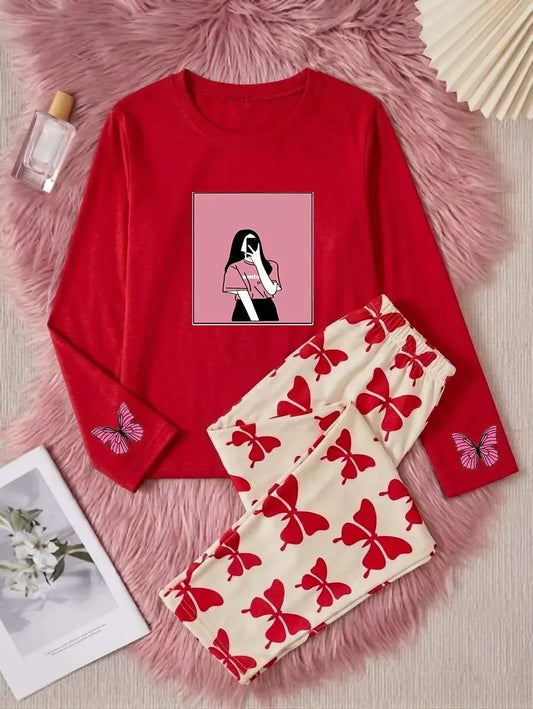 Women Printed Night Suit Red Trousers Set