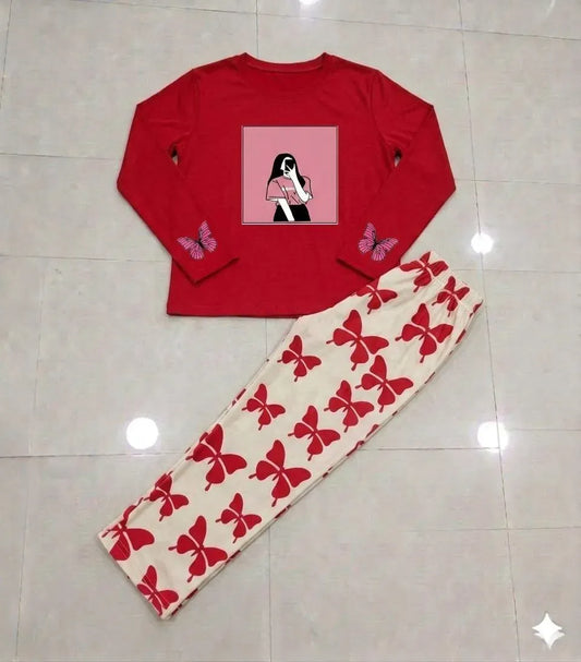 Women Printed Night Suit Red Trousers Set