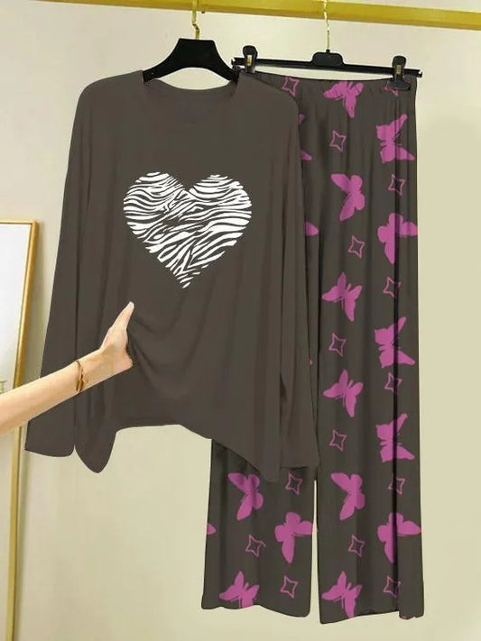 Women Printed Night Suit Grey Zebra Heart & Butterfly Trousers