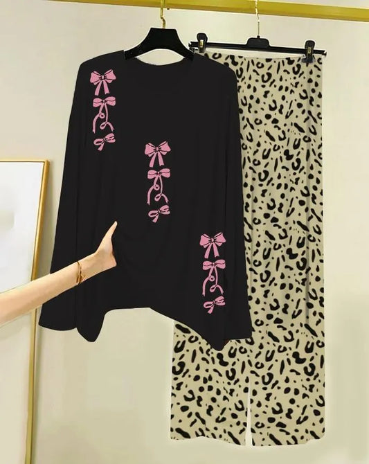 Black Printed Night Suit with Leopard Trousers