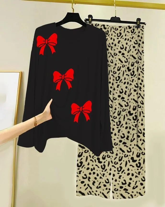 Black Printed Night Suit with Leopard Trousers